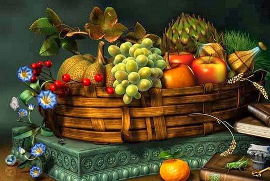 Libros, Frutas y Flores con Canasta, Bodegón Pintado al Óleo ... Libros, Frutas y Flores con Canasta, Bodegón Pintado al Óleo ...