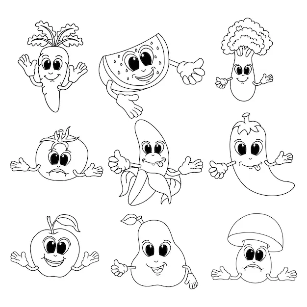 Lindo conjunto de frutas y verduras dibujos animados para colorear página  ilustración vector para niños libro para colorear | Vector Premium