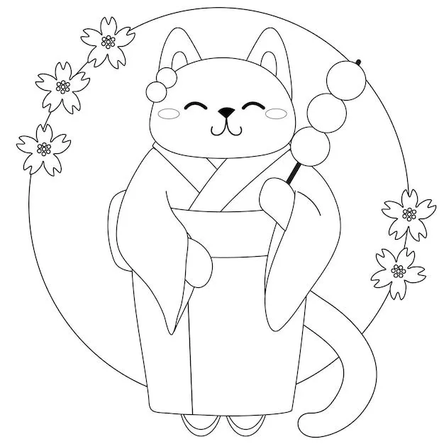 Un lindo gatito en kimono come dango dulces tradicionales japoneses para  colorear, pintar e imprimir | Vector Premium