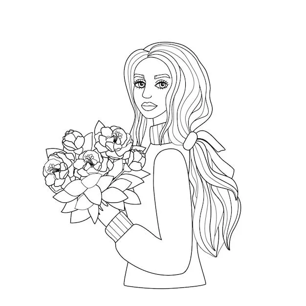 Lindo libro para colorear con una niña con flores de pelo largo en sus  manos silueta de una mujer joven estado de ánimo de otoño boceto simple  arte lineal | Vector Premium