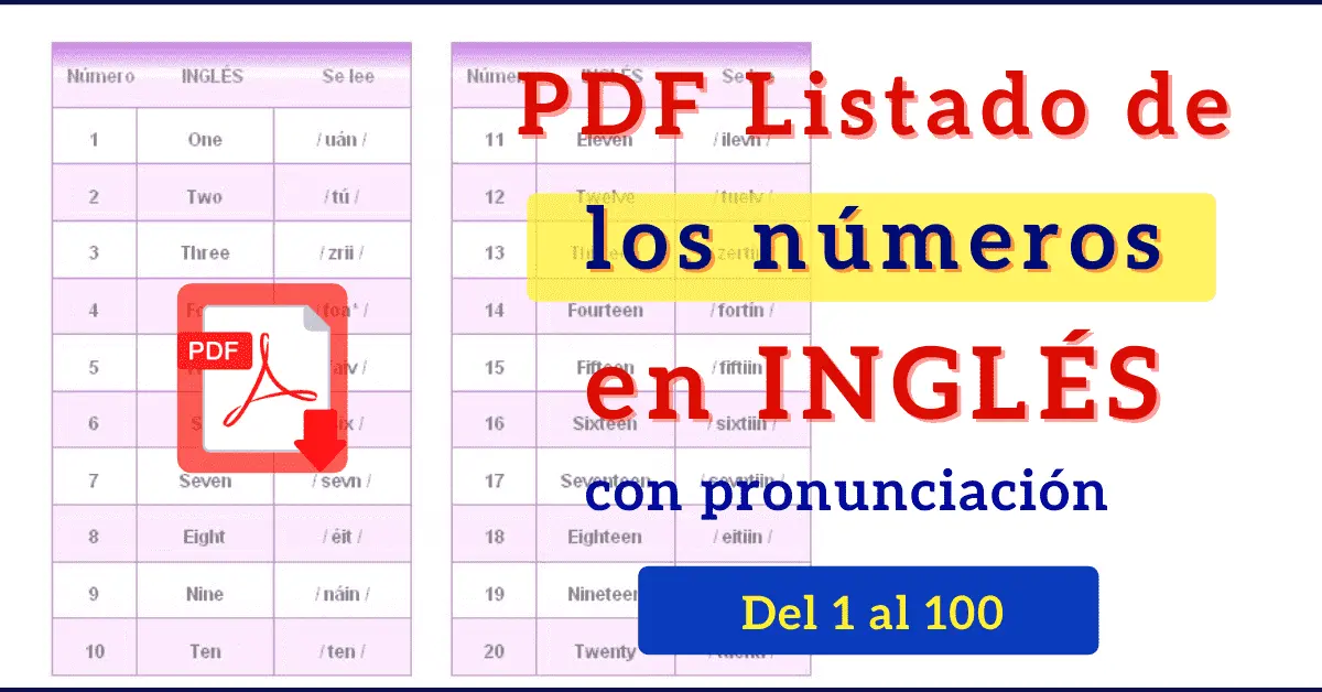 Lista de números en inglés del 1 al 100 PDF y su pronunciación escritos