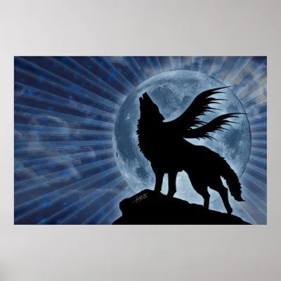 Un lobo con alas que grita en la luna. Hecho con Photoshop.