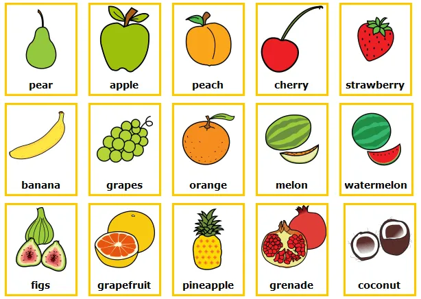Nombres de frutas en inglés y español con su dibujos juntos todos ...