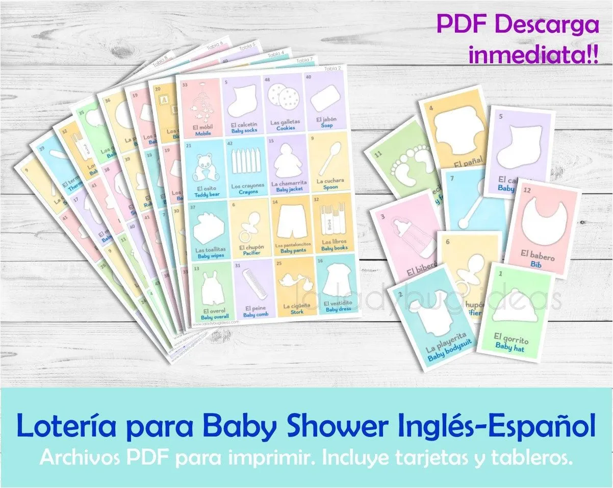 Lotería para Baby Shower Ingles y Español. Juego para baby - Etsy España
