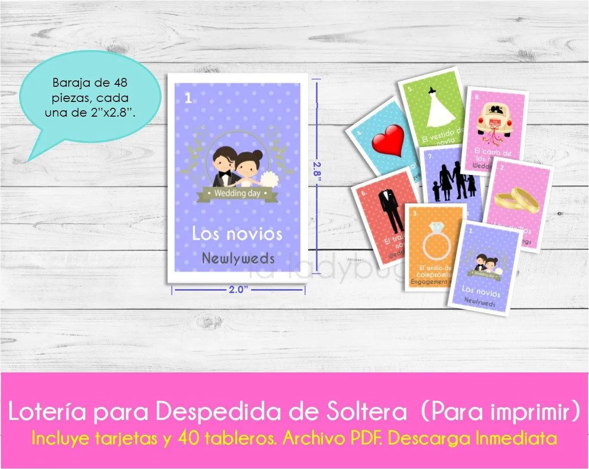 Lotería Despedida de soltera Inglés-Español para imprimir. - Etsy México