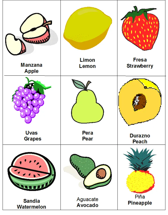 Lotería de frutas y verduras en inglés y español | Educación Primaria