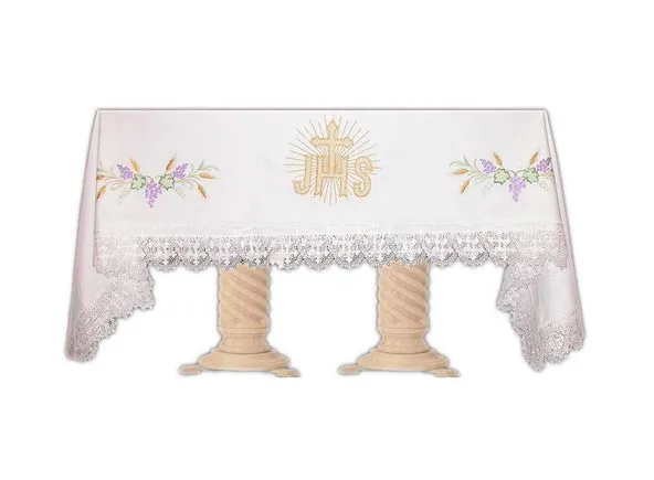 Mantel de altar bordado con JHS, espigas y uvas - Brabander.es