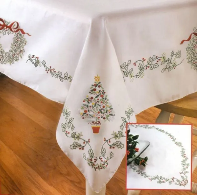 Mantel de Navidad bordado a mano, con un diseño de flores blancas ...