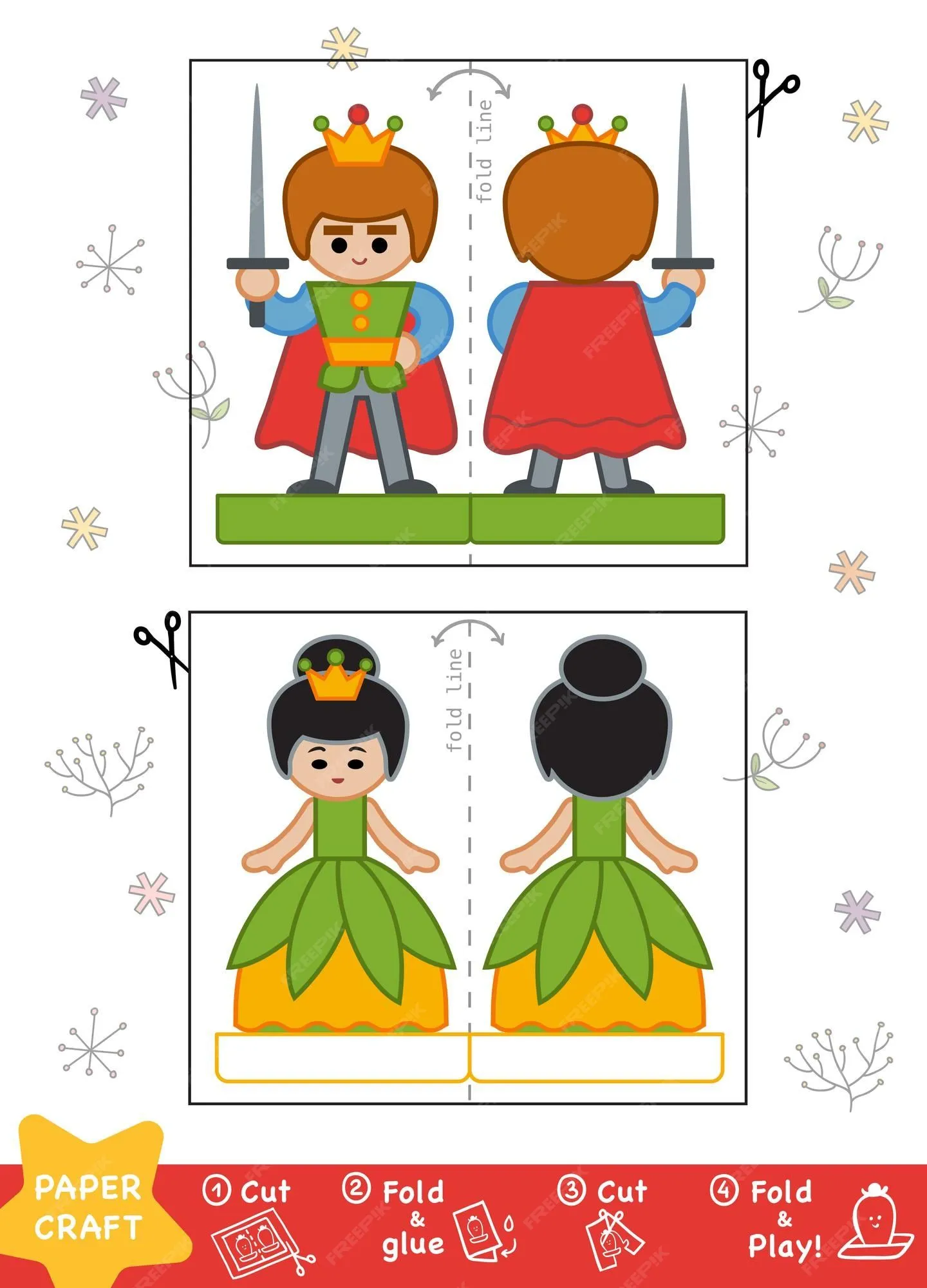 Manualidades educativas en papel para niños, príncipe y princesa. usa  tijeras y pegamento para crear la imagen. | Vector Premium