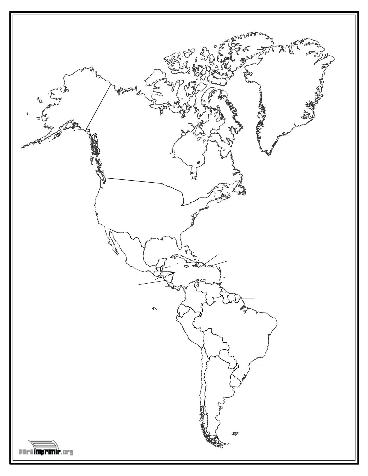 Mapa de América con división política sin nombres para imprimir