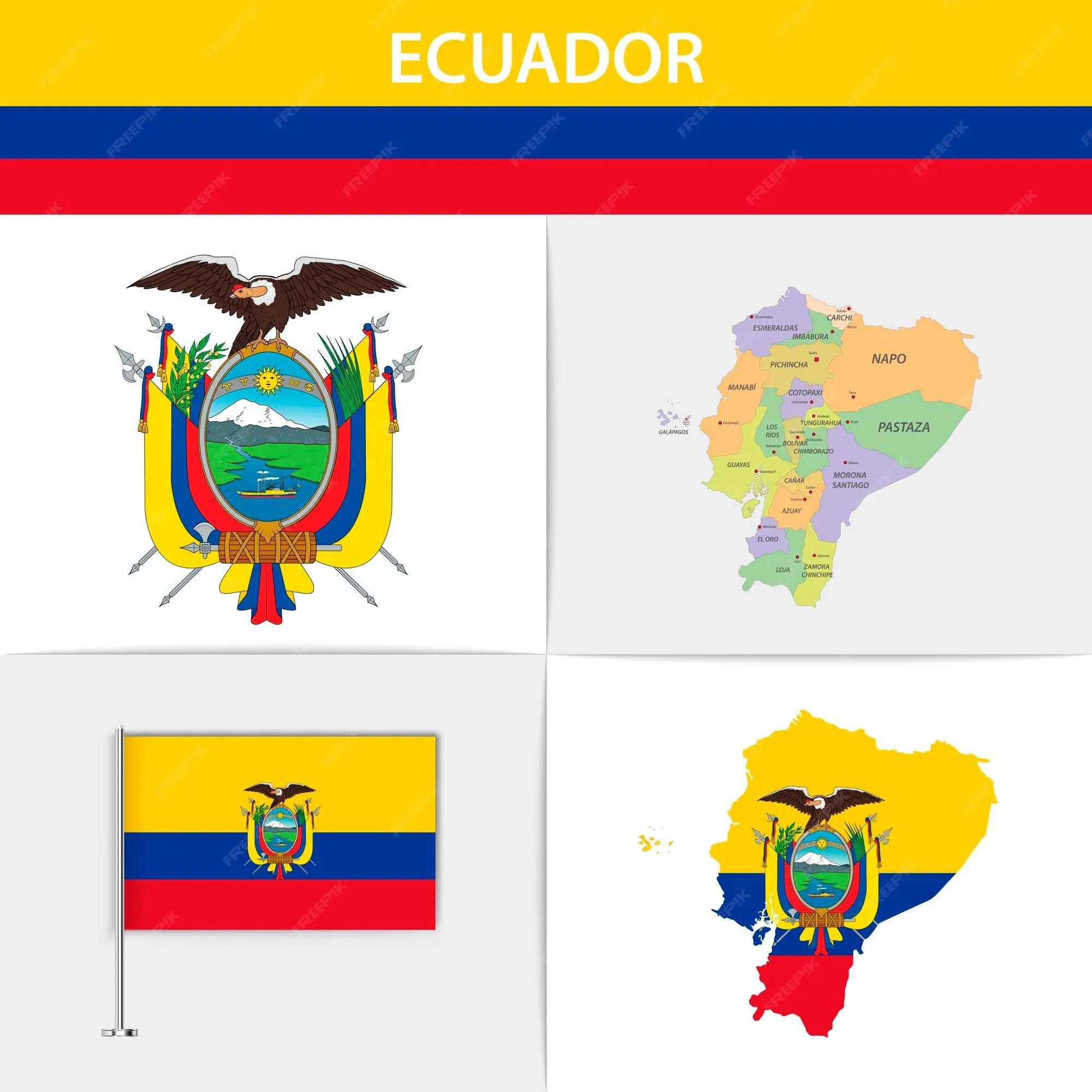 Mapa de la bandera de ecuador y escudo de armas | Vector Premium