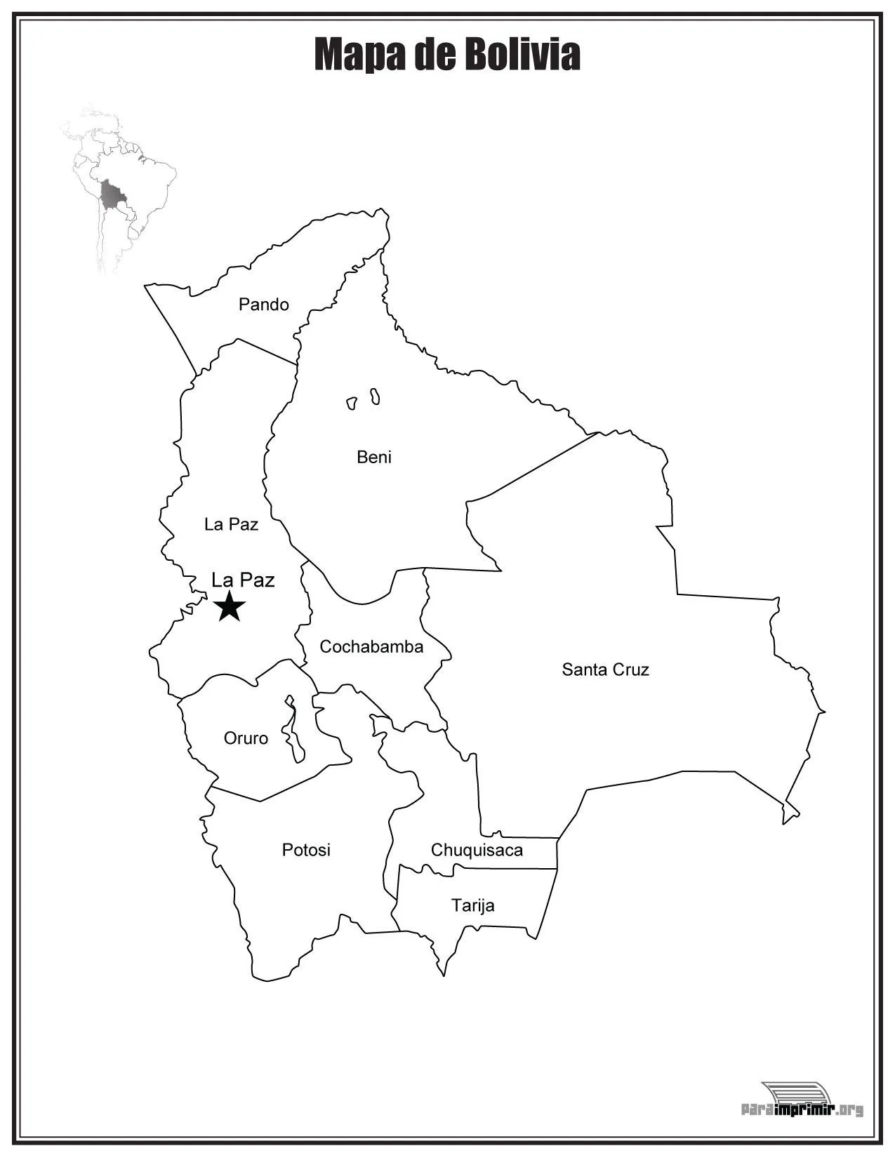 Mapa de Bolivia con nombres para imprimir