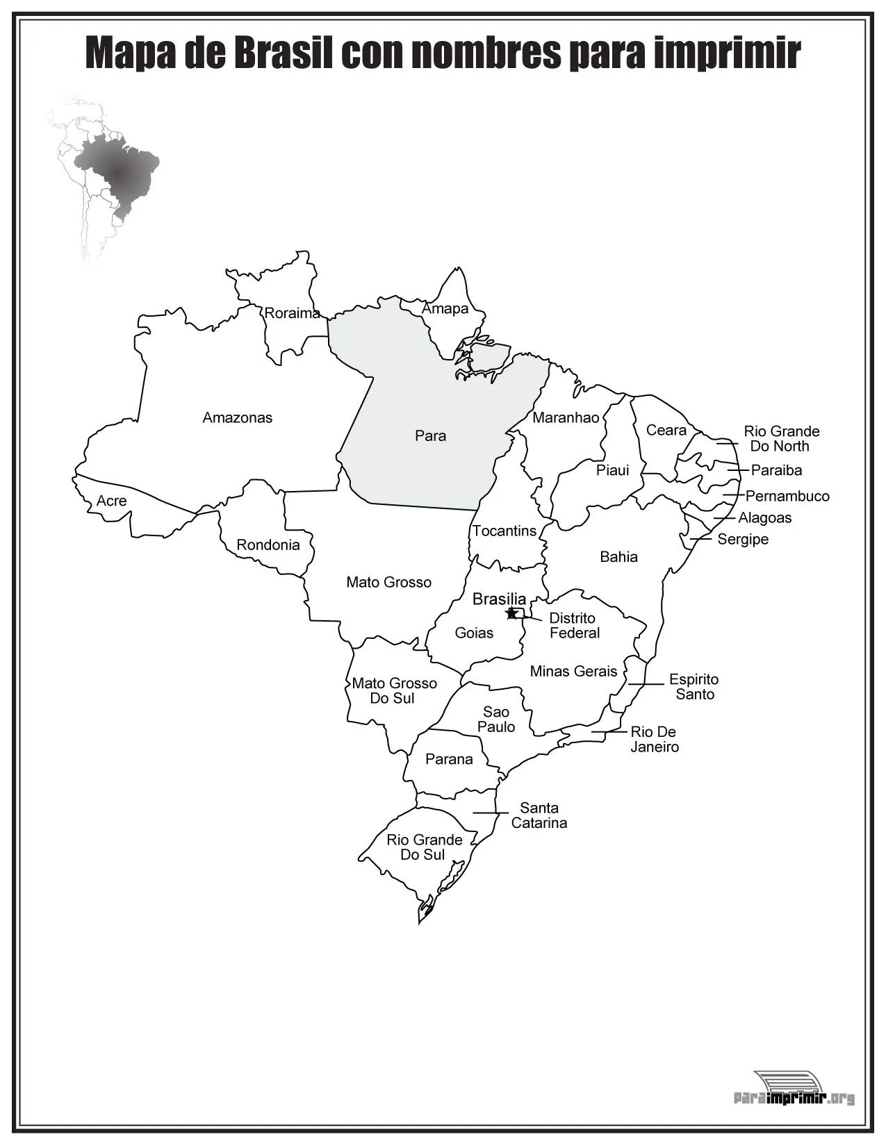 Mapa de Brazil con nombres para imprimir