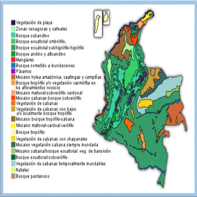 Mapa de Colombia con sus ecosistemas terrestres, acuáticos y marinos