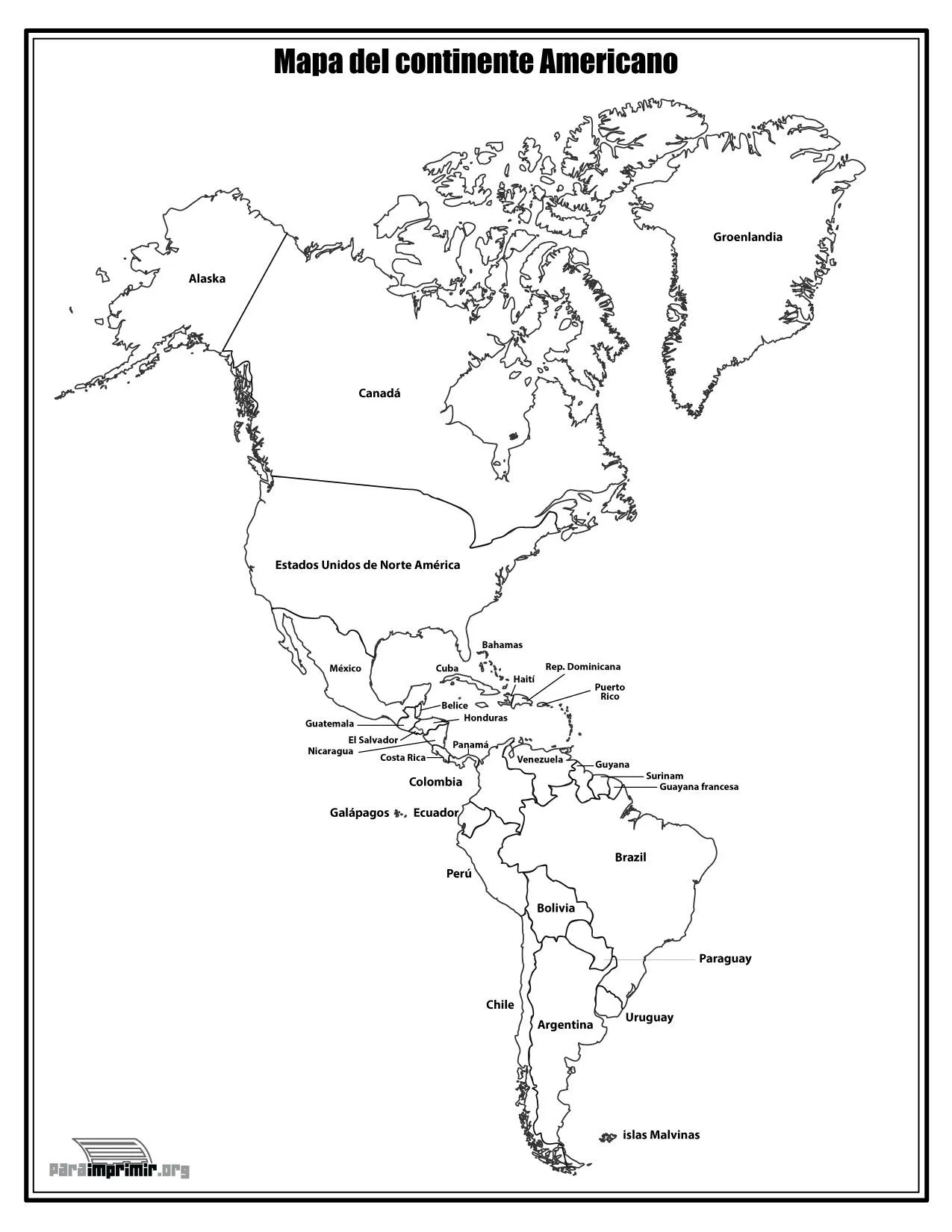 Mapa del continente Americano con nombres para imprimir