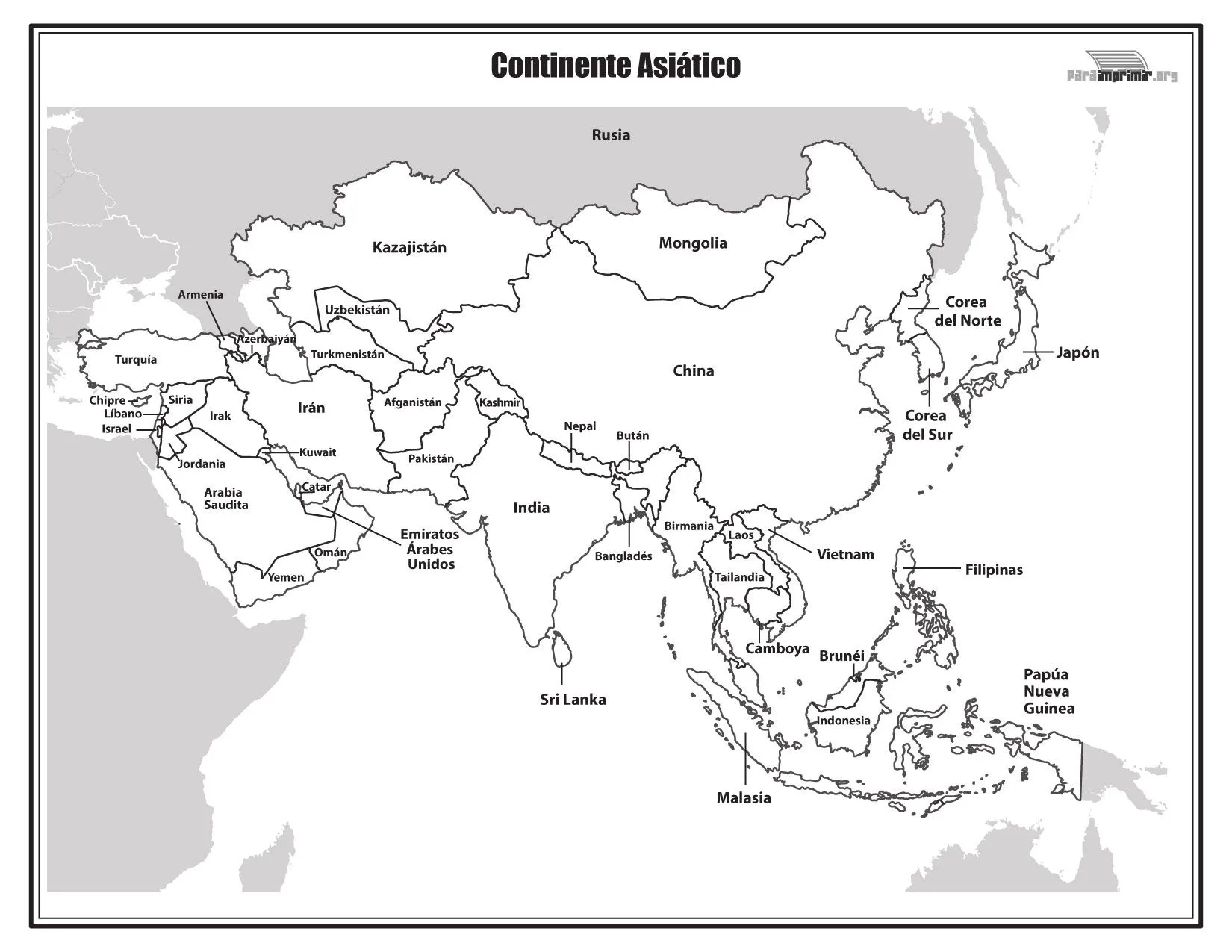 Mapa del continente asiático con nombres para imprimir