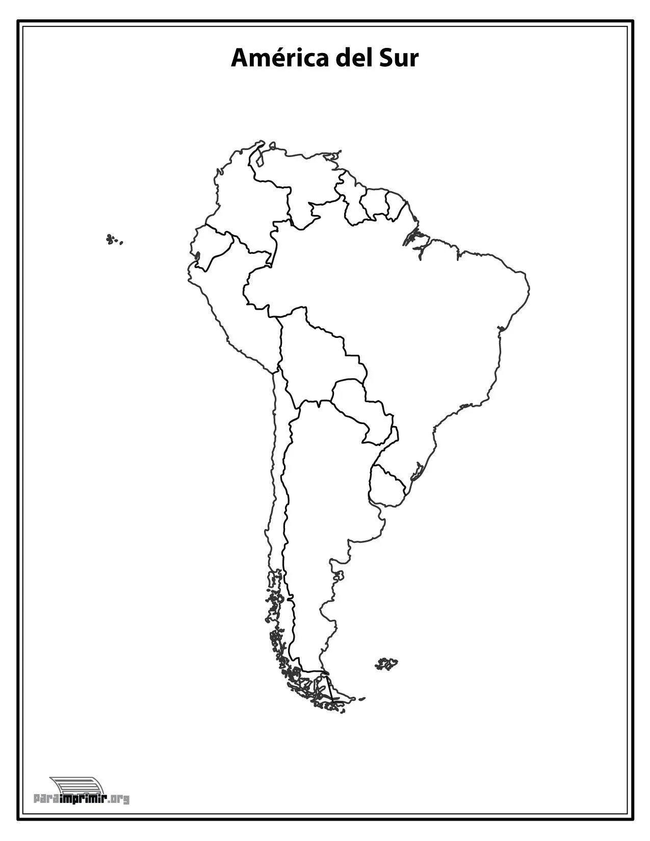 Mapa del continente Sur Americano sin nombres para imprimir