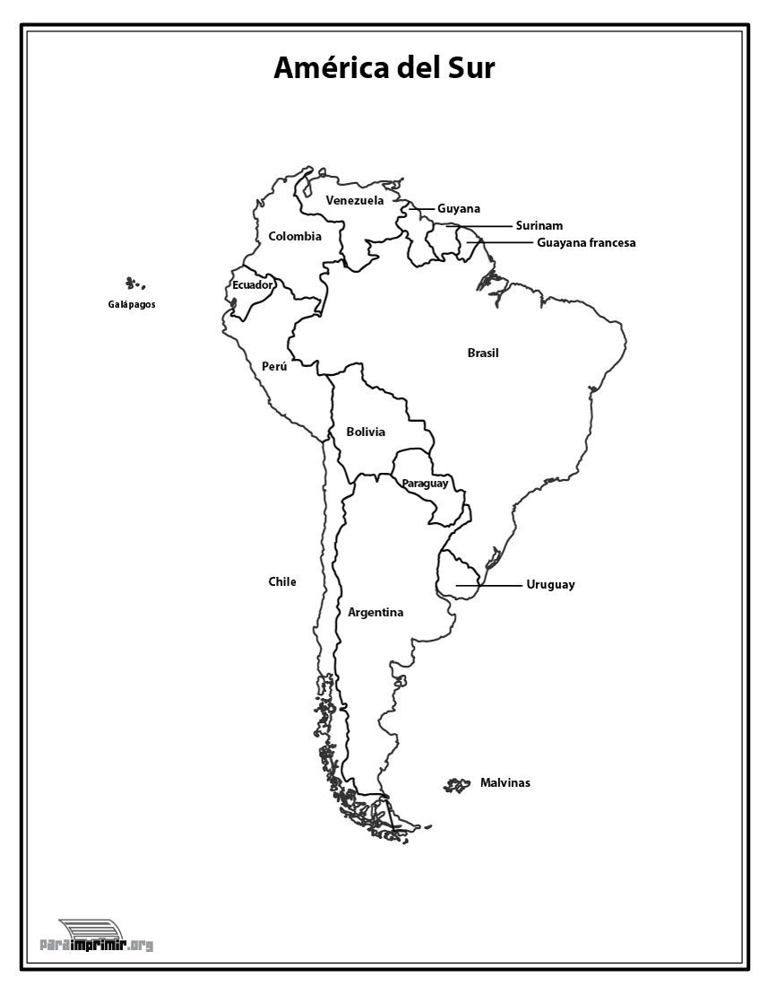 Mapa del continente Sur Americano con nombres para imprimir