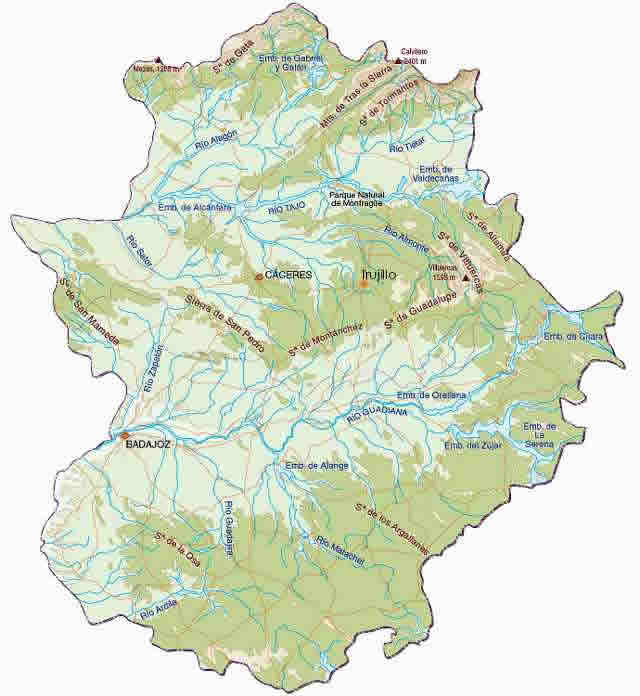 Mapa Físico Extremadura (Ríos y Sierras) | Mapa-blog