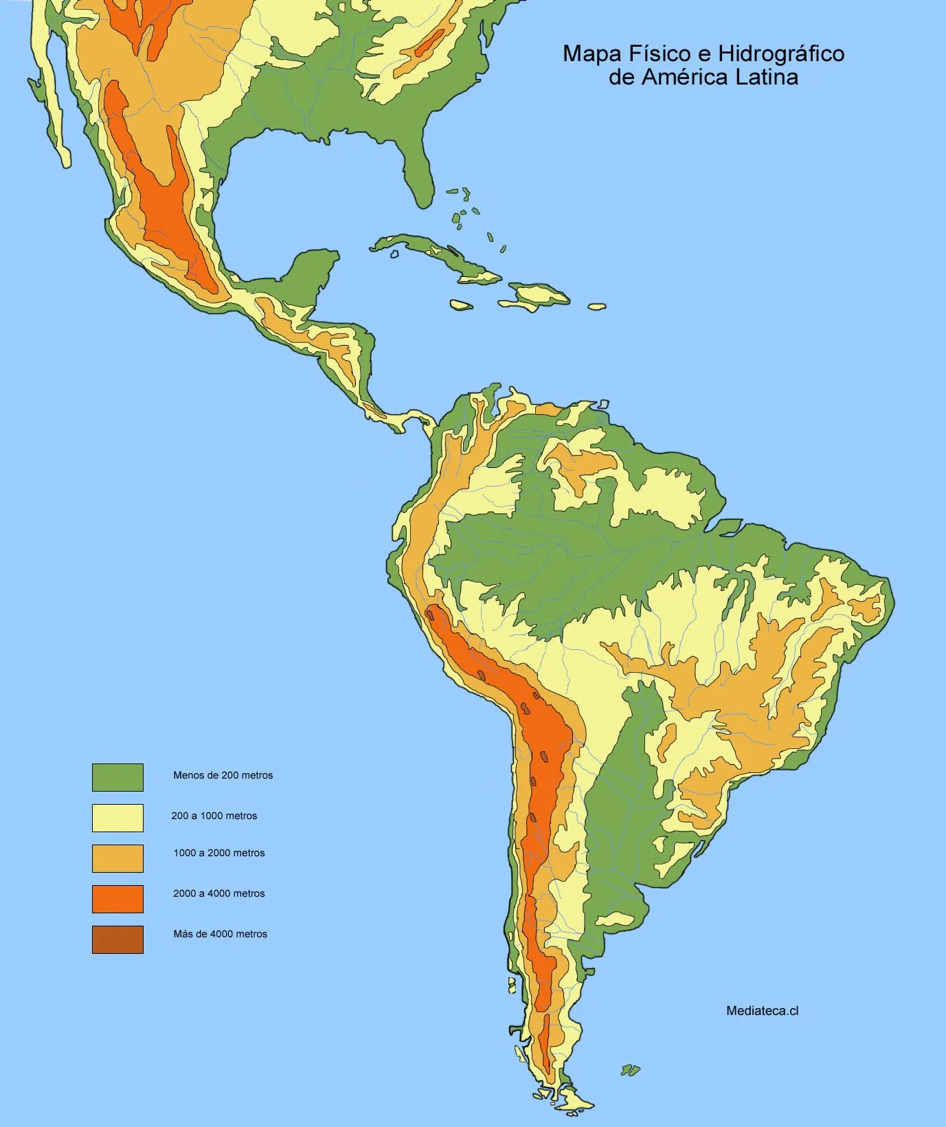 Mapa físico y hidrográfico de América Latina - Tamaño completo