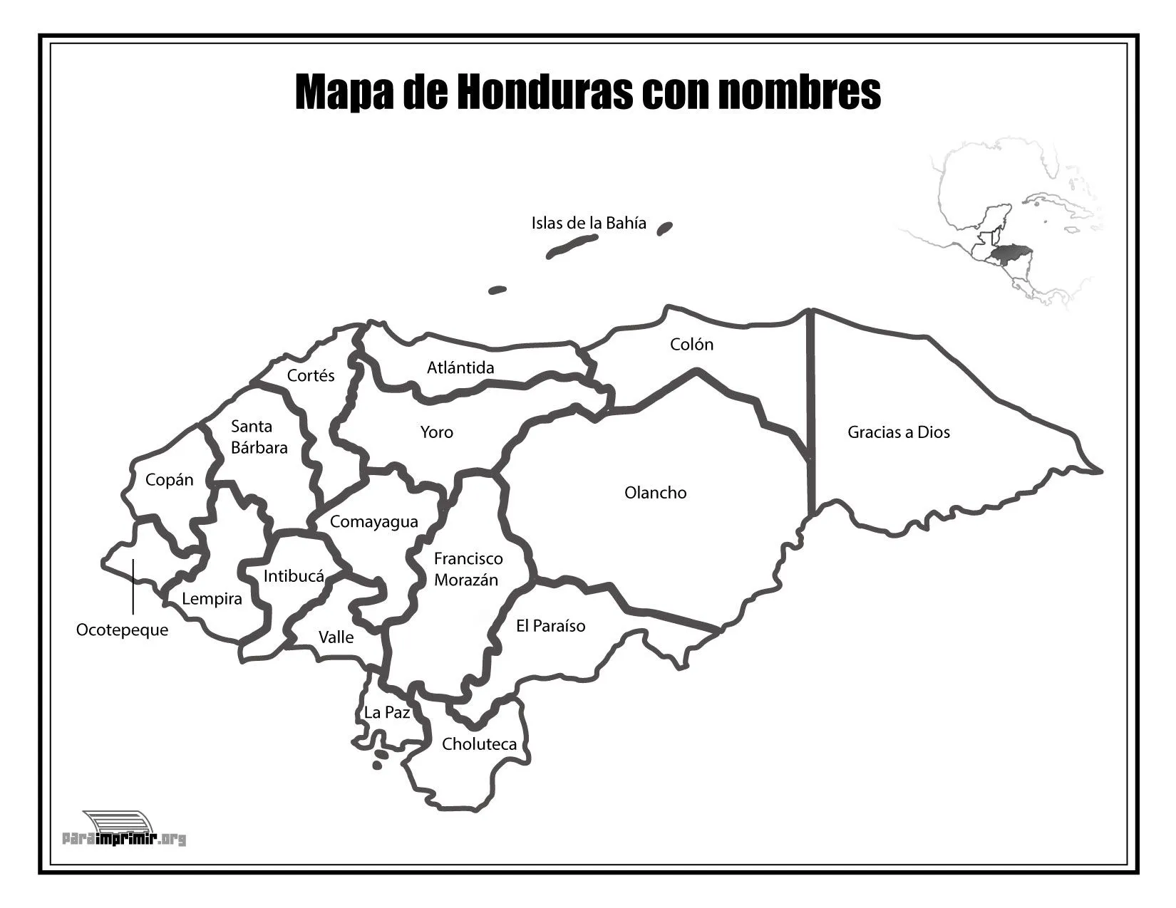 Mapa de Honduras con nombres para imprimir