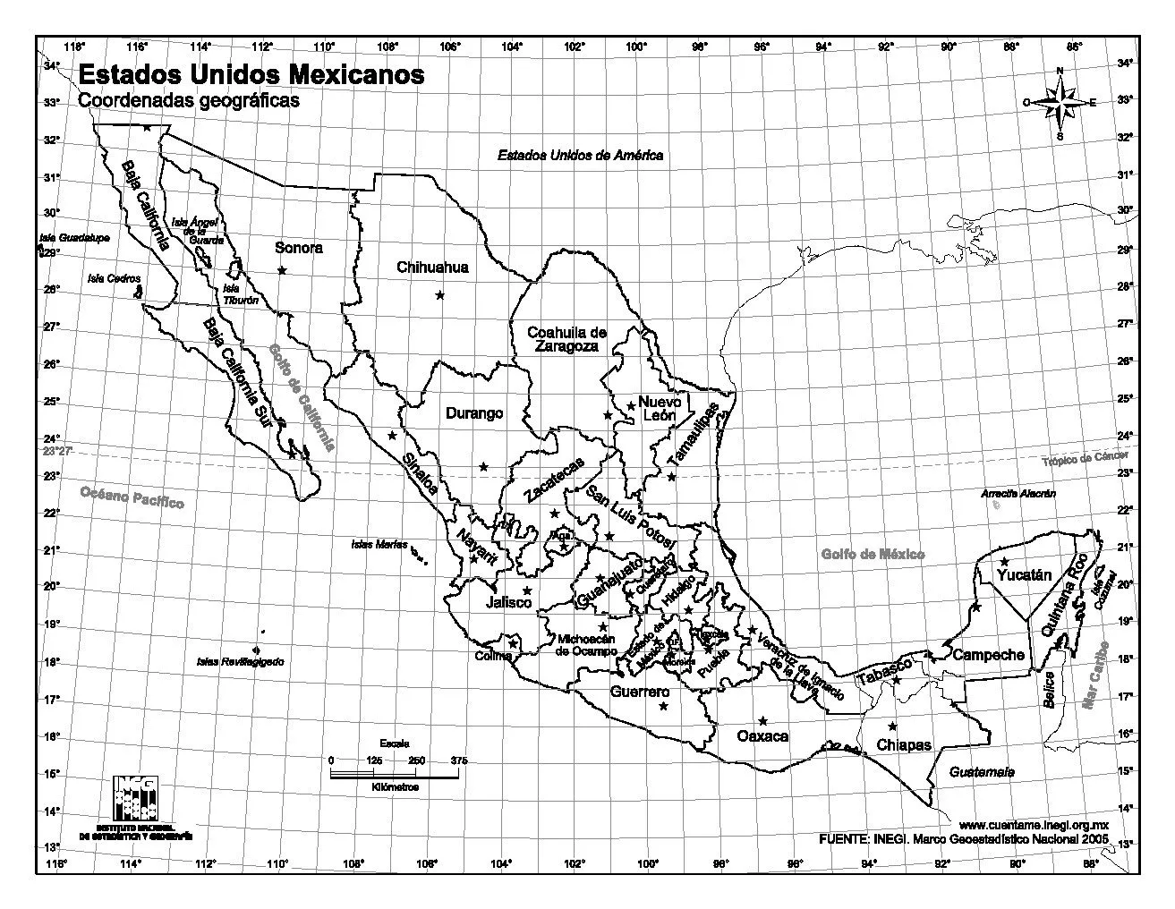 Mapa de México con coordenadas geográficas - Mapa de México