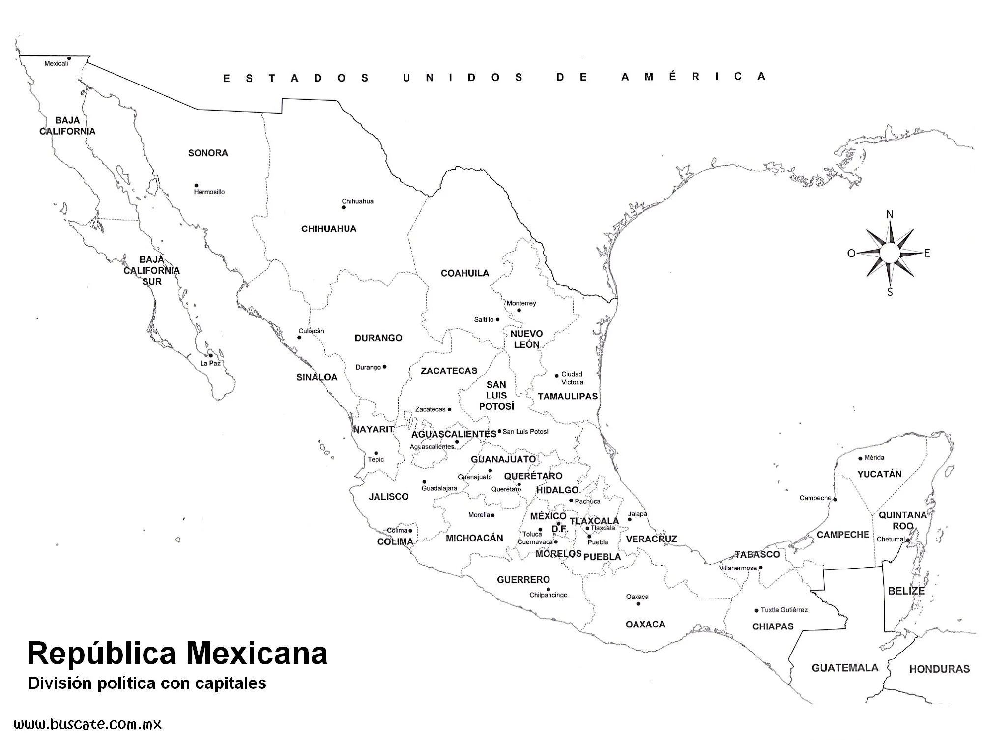 Mapa de mexico con nombres y capitales