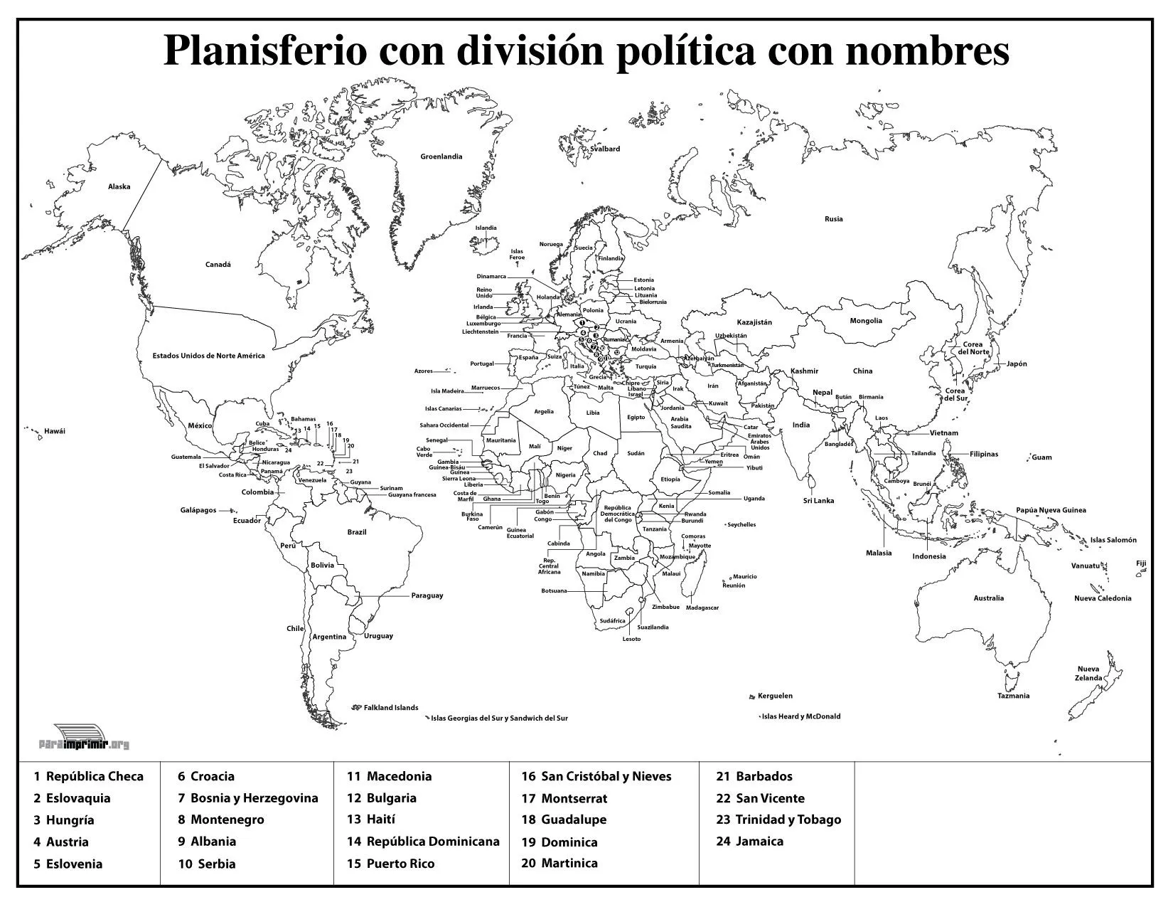 Mapamundi con división política con nombres para imprimir