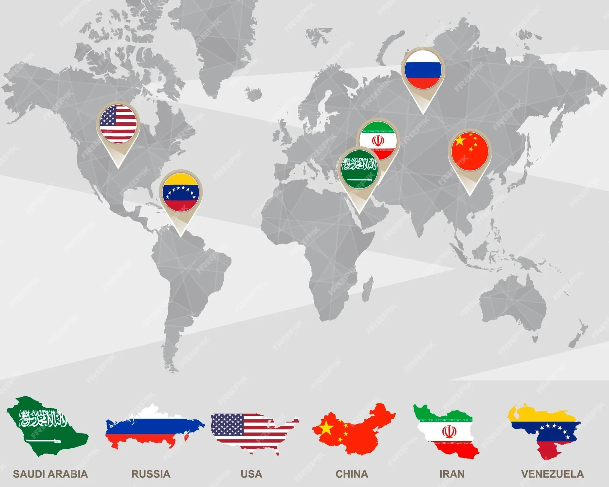 Mapa mundial con punteros de arabia saudita, rusia, estados unidos, china,  irán, venezuela. países por producción de petróleo. ilustración de vector.  | Vector Premium