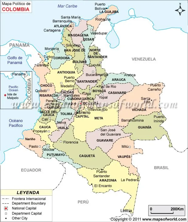 Mapa politico de colombia con sus departamentos y capitales para ...