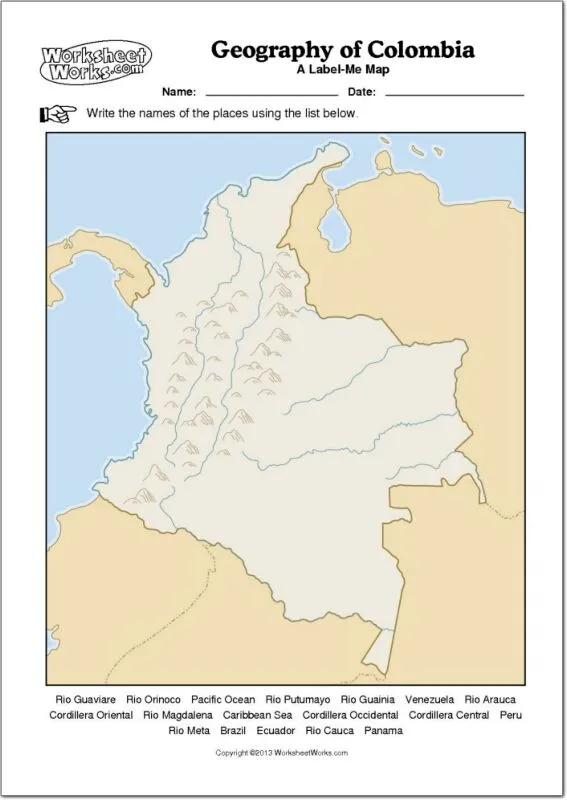 Mapa físico mudo de Colombia Mapa mudo de ríos y montañas de ...