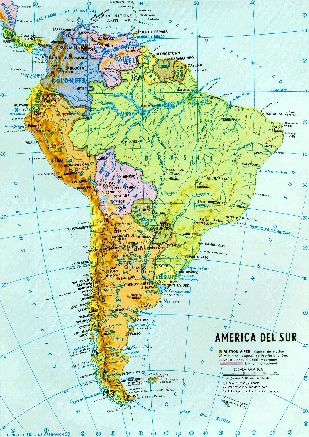 Mapa Político y hidrográfico de América del Sur - Tamaño completo