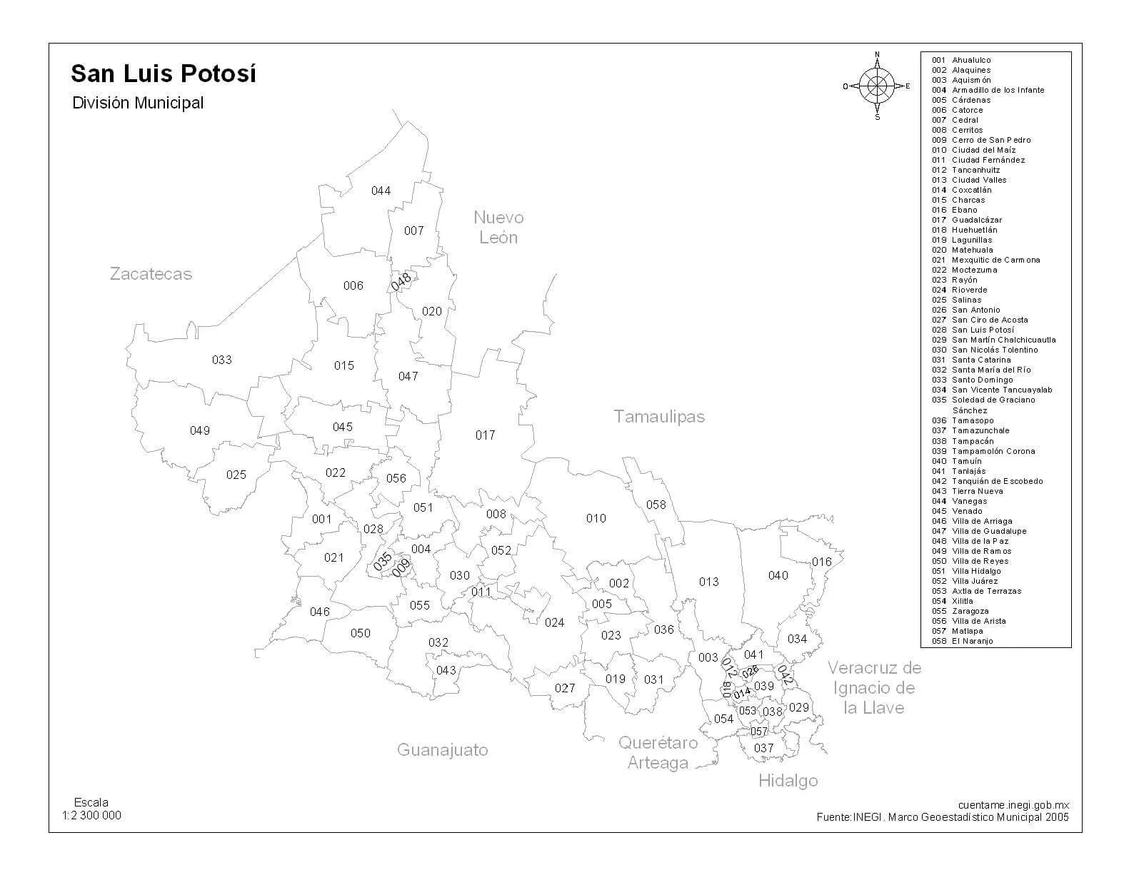 Mapa de San Luis Potosí con nombres a blanco y negro - PDF Descarga