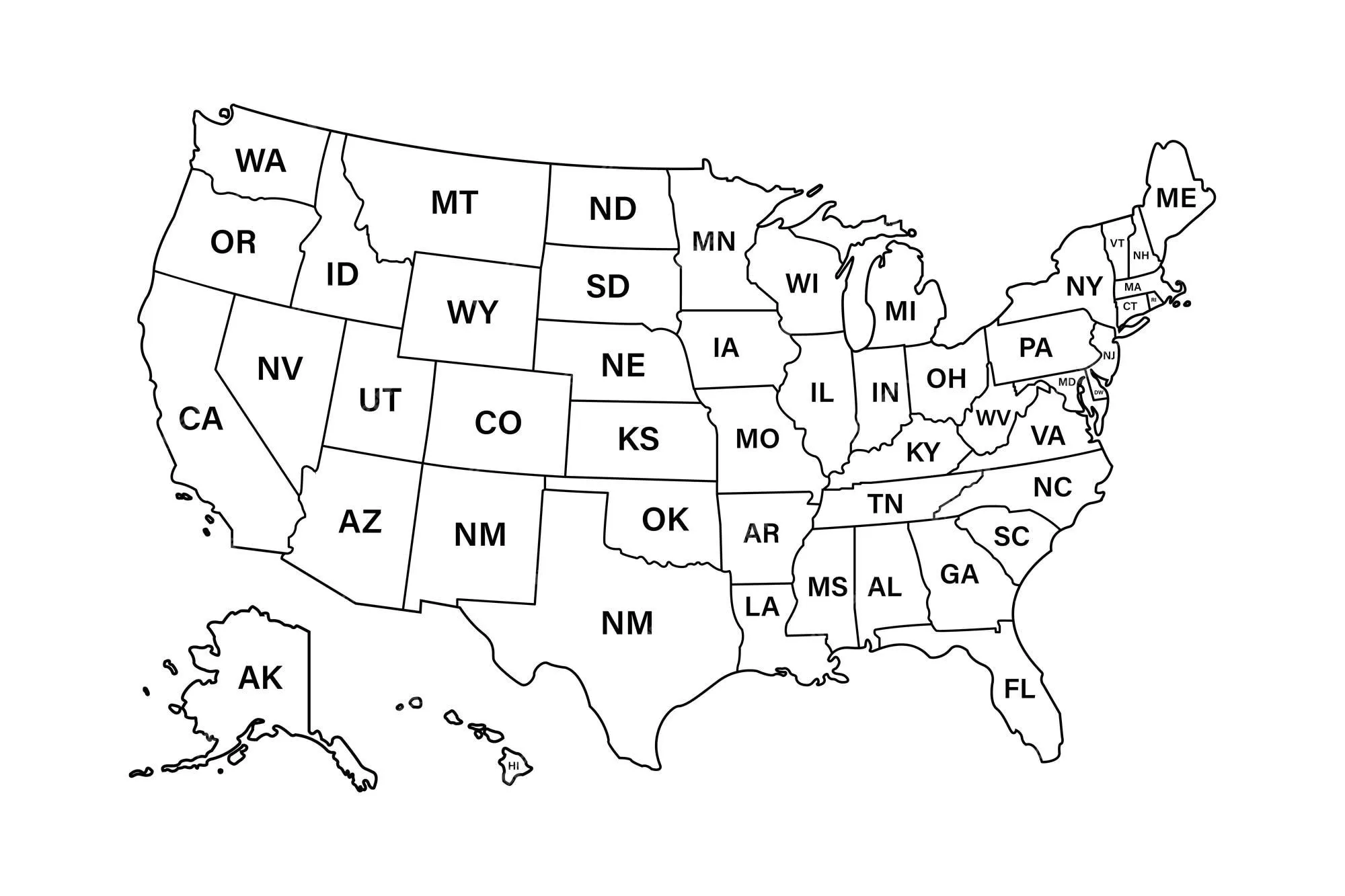 Estados del mapa de estados unidos. diseño de línea vectorial. alto mapa  detallado de estados unidos. etiquetado con abreviaturas postales. stock  vector. esp 10 | Vector Premium