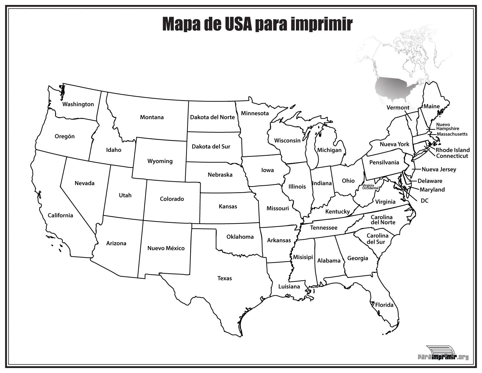 Mapa de Estados Unidos con nombres para imprimir