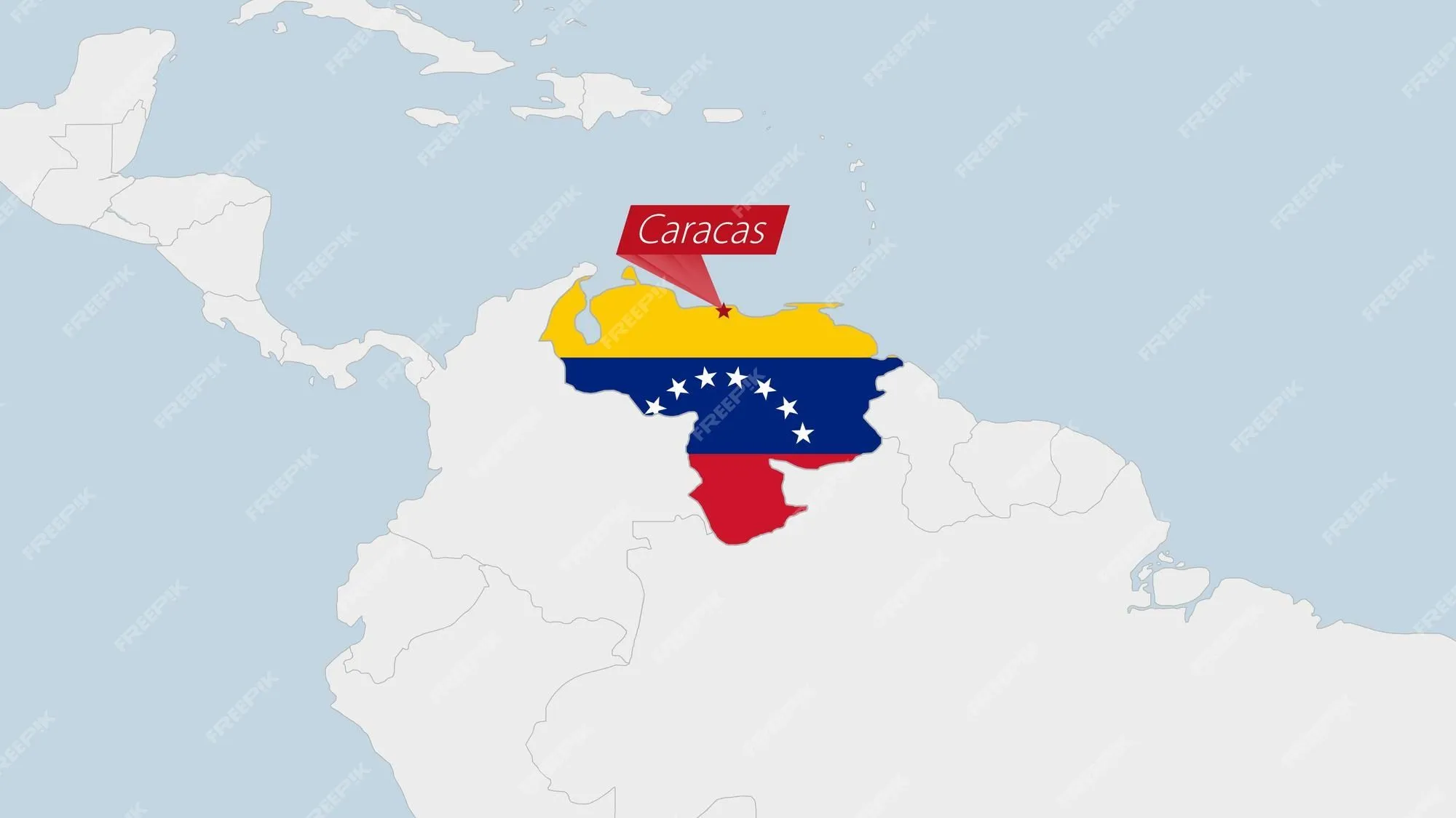 Mapa de venezuela resaltado en los colores de la bandera de venezuela y pin  de la capital del país caracas | Vector Premium