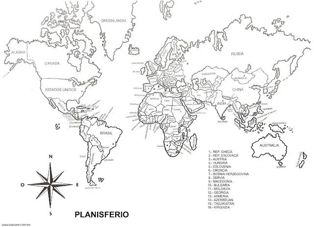 Planisferio politico en blanco y negro - Imagui