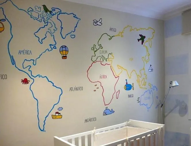 Mapamundi pintado en la pared de una #habitación infantil ...