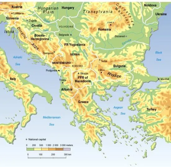 Mapa para imprimir de la Península de los Balcanes Mapa físico de ...