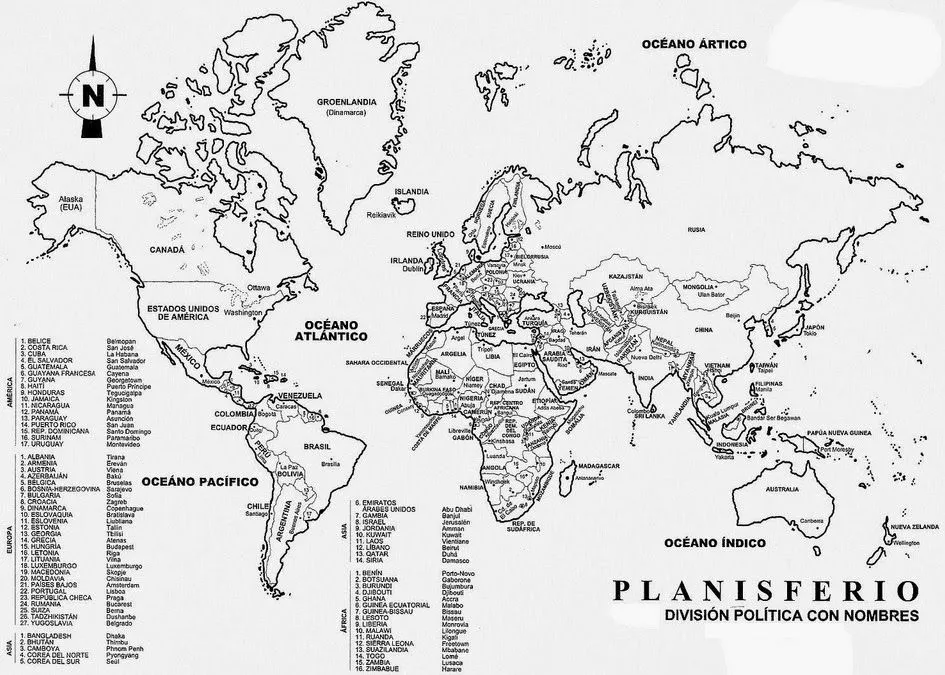Mapas: Planisferio con División Política y con nombres - Blanco y ...