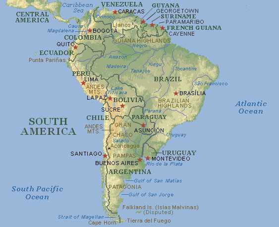 Mapas de Sudamérica: geofráfico, político, rutas, planos, satélite.