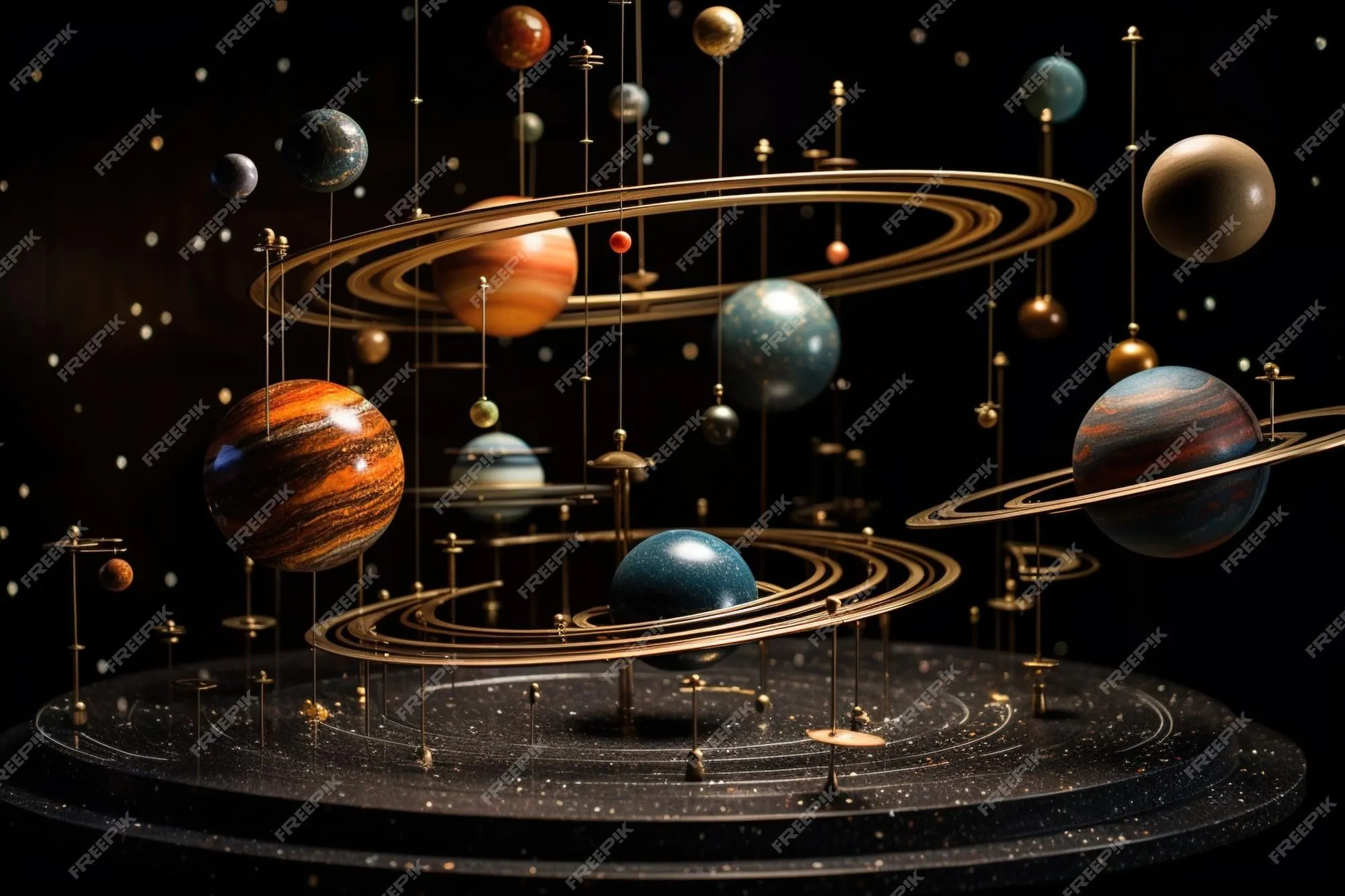 Maqueta del sistema solar hecha con materiales reciclados sobre un fondo negro con pequeñas estrellas led | Foto Premium Maqueta del sistema solar hecha con materiales reciclados sobre un fondo negro con pequeñas estrellas led | Foto Premium