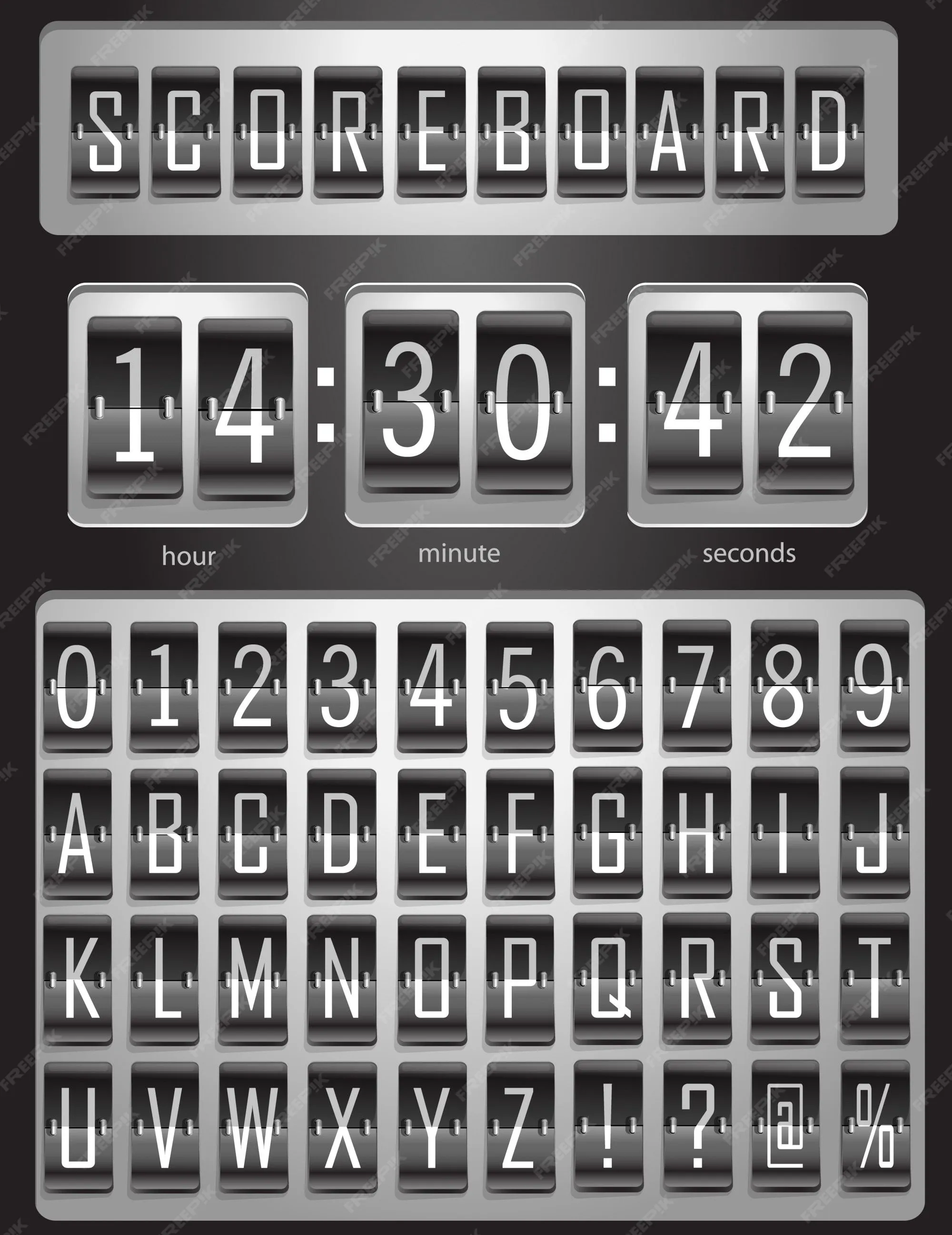 Marcador, tabla deportiva con un conjunto completo de alfabeto inglés y  números del 1 al 9 en colores blanco y negro. ilustración | Vector Premium