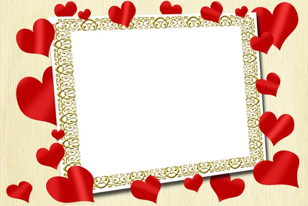 Marco de amor con los corazones rojos sobre fondo de tela — Foto ...