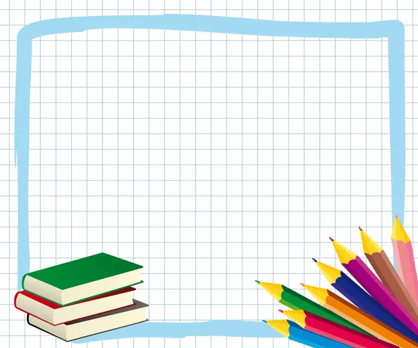 Marco de la escuela con libros y lápices de colores — Vector stock ...