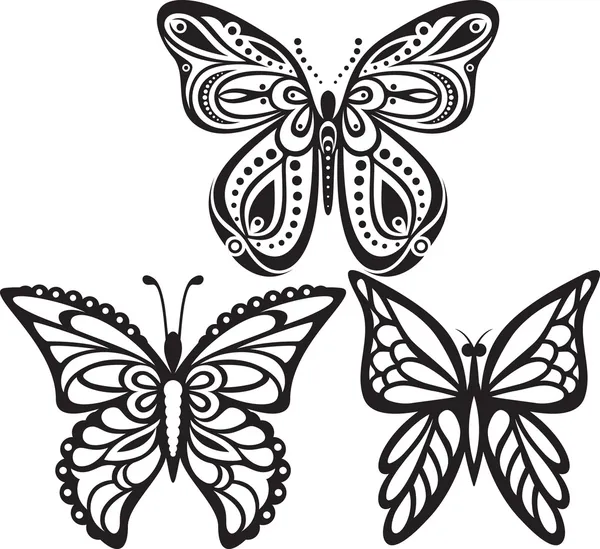 Mariposas simétricas siluetas con tracería de las alas abiertas ...
