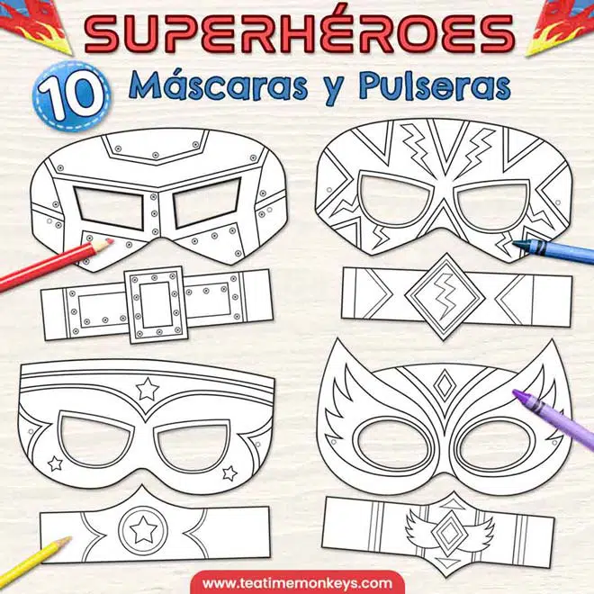 Máscaras de Superhéroes para Colorear - Tea Time Monkeys