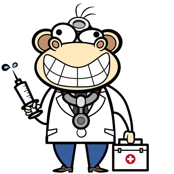 Médico de dibujos animados mono con jeringa y botiquín de primeros ...