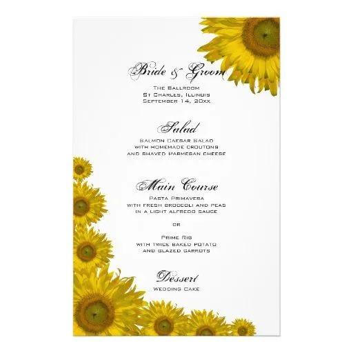 Menú del boda del borde del girasol papeleria de Zazzle. Menú del boda del borde del girasol papeleria de Zazzle.