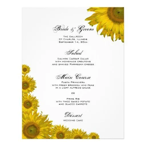 Menú del boda del borde del girasol tarjeton de Zazzle. Menú del boda del borde del girasol tarjeton de Zazzle.